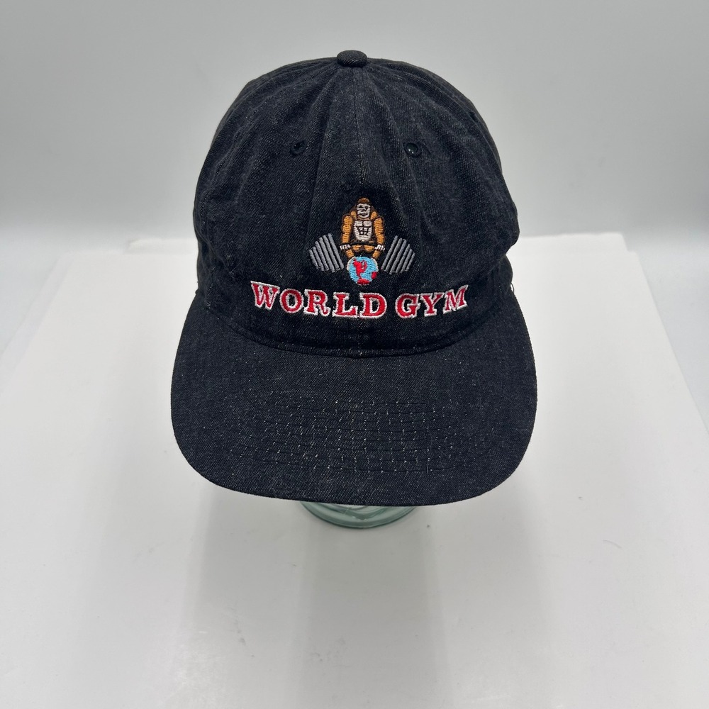 Vintage 1990's World Gym Gorilla Logo Snapback Hat Otto Cap Black Denim Men OSFM
